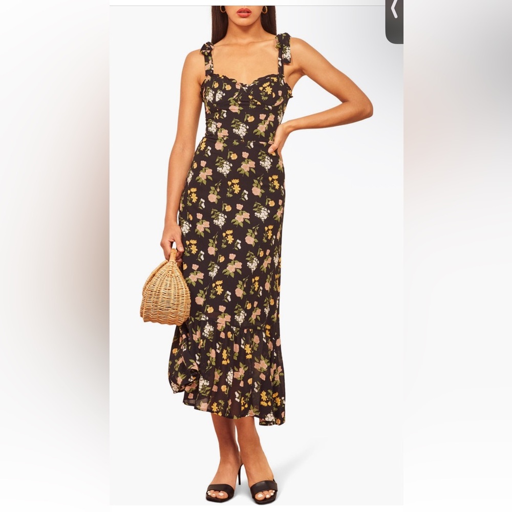 Reformation Floral Midi Dress Floral Print Tie Shoulder Sz 2 - Picture 5 of 16